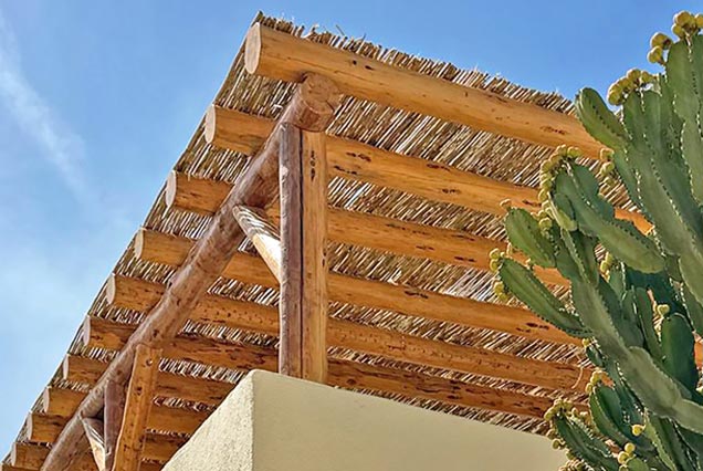 Pérgola de tronco descortezado talla artesana con cubierta de cañizo de caña entera para ático en Mazarrón, Murcia.